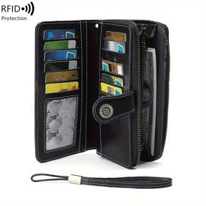 TEMU 다기능 RFID 차단 롱 지갑 - 대용량 빈티지 단색 동전 지갑 지퍼 및 손목끈 멀티 카드 슬롯 롱 클러치 지갑 카드 거치대