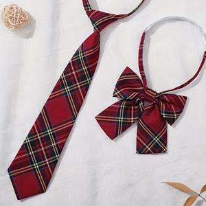 TEMU 2pcs Preppy 짠 리본 타이 및 넥타이 세트, 영국 스타일 플레드 코스프레 액세서리, 청소년용, 빨간 패턴, 부드러운 원단, 학교 유니폼 및 파티 드레스 U에 완벽합니다.