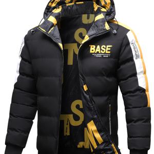 TEMU 1pc BASE 브랜드 남성 캐주얼 후드 겨울 자켓, 양면 알파벳 패턴, 폴리에스테르 섬유 충전, 스포츠 및 야외용 지퍼 코트, 비늘 스트레치 원단, 레귤러 핏 - 가을/겨울 컬렉션