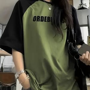 TEMU 컬러 블록 레터 프린트 크루넥 티셔츠, 캐주얼 라글란 슬리브 탑, 봄과 가을 여성 의류