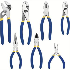 TEMU 7pcs 파이프 렌치 세트, 산업 등급, 철제 본체, 파란색 손잡이, 홈 조인트, 긴 코, 미끄럼 조인트, 라인스맨, 대각 파이프 렌치 DIY 및 가정용 용도에 적합합니다.
