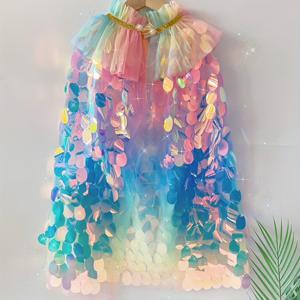 TEMU 1개 무지개 인어 시퀸 케이프 - 할로윈, 크리스마스, 생일 파티 및 카니발용 매혹적인 공주 튤 숄, 손세탁 전용, 금색 트림이 있는 쉬어 원단, 파티 의상 액세서리 | 기발한 코스튬 디자인 | 튤 원단 케이프, 인어 파티 장식