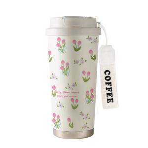 TEMU 530ml 핑크 튤립 패턴 보온 커피컵 (뚜껑 & 빨대 포함) - 더블월 진공 단열 여행용 머그컵, 사무실/집/캠핑/스포츠용 휴대용 물병, 발렌타인데이/어머니날/추수감사절 선물, 꽃무늬 디자인, 내구성 있는 음료 용기, 스타일리시한 드링크웨어, 캠핑 필수품, 고품질 단열, 선물 쇼퍼