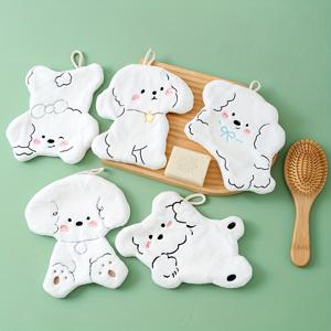 TEMU 귀여운 만화 강아지 디자인의 코랄 플리스 개 손수건 5개 세트 - 부드럽고 흡수력이 좋은 주방 및 목욕 수건, 걸이용 루프가 있는 기계 세탁 가능, 홈 데코용 300gsm 폴리에스터