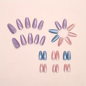 TEMU 30개 홀로그래픽 캣아이 프레스온 네일 - 여성용 알몬드 형태 짧은 손톱, 혼합 파스텔 색상, 일본 & 한국 스타일, 귀여운 짧은 네일, 빠른 매니큐어 대체품, 트렌디한 디자인, 슬림 마감