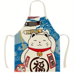 TEMU 1개 행운의 고양이 디자인 리넨 앞치마 - 생동감 있는 파랑 & 흰색 주방 요리 베이킹 앞치마 일본식 물결 무늬, 가정 및 전문가용 쉬운 세척 내구성 작업복, 재미있는 디자인 | 선명한 프린트