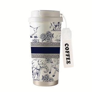TEMU 530ml 코끼리 디자인 보온 커피컵 - 이중벽 진공 단열 여행 머그, 누수 방지 뚜껑 & 휴대용 스트랩 포함 - 베이지/블루, 핫&콜드 텀블러, 사무실·헬스장· 선물용 컵 (커피, 차, 물)