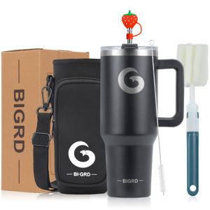 TEMU 1pc BIGRD 40oz 핸들 및 스푼이 있는 텀블러, 100% 누출 방지 여행 머그, 스테인레스 스틸 더블 월 진공 보온 커피 컵, 액세서리 포함: 2 In 1 뚜껑, 스틸 스푼, 청소제, 휴대용 가방, 실리콘 먼지 뚜껑|텀블러
