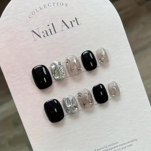 TEMU 10pcs 우아한 짧은 네일 아트 세트 - 블랙 앤 화이트, 스타 앤 액센트, 광택 있는 마무리 - 매니큐어, 네일 아트 디자인에 완벽 | 우아한 네일 디자인 | 광택 있는 마무리 네일|네일아트