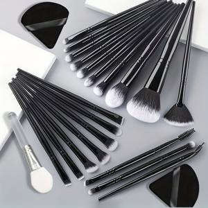 TEMU 20/28pcs 블랙 메이크업 브러시 세트: 푹신한 눈썹 브러시, 파우더 블러셔 브러시, 파운데이션 메이크업 브러시 및 컨투어 브러시 포함, 얼굴 마스크 브러시 1개, 메이크업 퍼프 2개, 20개 세트 전체로 모든 빛 베이지 유형에 적합하여 완벽한 메이크업을 만듭니다.