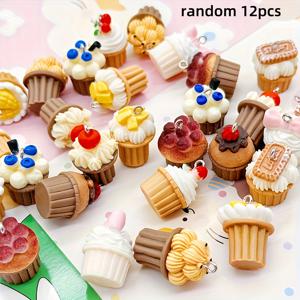 TEMU 12개 랜덤 과일 케이크 콘 레진 펜던트 - 컵 모양, 생생한 색상. DIY 키체인, 귀걸이, 가방 장식, 목걸이 제작에 적합, 독특한 디자인