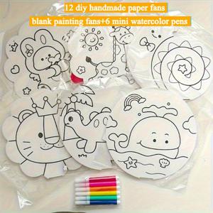 TEMU 12개 DIY 수제 종이 부채 (6개 빈 그림용 부채 + 6개 미니 워터컬러 펜), 여름 예술 프로젝트, 파티 소품, 축하 선물, 댄스 공연 소품, 벽 장식 및 수집용 핸드메이드 기념품. 할로윈, 크리스마스, 베스트 프렌드 생일, 핸드메이드 애호가에게 이상적인 선물