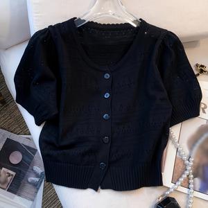 TEMU 여성 우아한 짧은 소매 카디건 - 라운드 넥, 버튼 프론트와 홀로우 디테일 디자인, 가벼운 봄/여름 레이어링 피스, 캐주얼 웨어, 반투명 양모 커버, 클래식 브레이드 공예, 다재다능한 패션 액세서리|가디건