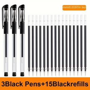 TEMU 18개(3개 펜 + 15개 리필) 젤 펜 세트 학교 용품 검정 파란색 빨간색 잉크 색상 0.5Mm 볼펜 카와이 펜 학생 학교 사무실 기구
