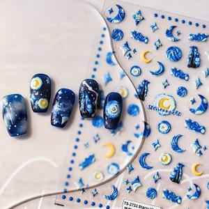 TEMU 5D 별이 빛나는 밤 네일 아트 스티커 - 천체 달과 별들 양각 자가 접착 데칼 DIY 매니큐어, 저널 및 폰 장식용, 초승달과 반짝이는 별들이 있는 블루 갤럭시 디자인, 적용하기 쉬움, 우주 테마 네일에 완벽함, 일시적인 네일 디자인 | 기발한 데칼 | 폴리우레탄 스티커, 네일 아트용 네일 스티커