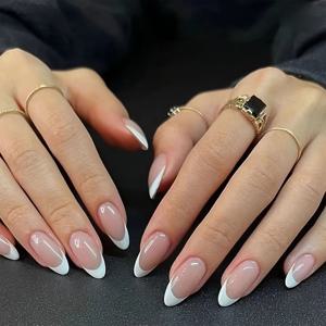 TEMU 24pcs 긴 아몬드 모양 프랑스 스타일 네일 팁 세트, 혼합 핑크 & 화이트, 패턴, 광택 마무리, 중간 길이 프레스 온 네일 | 신부 네일 | 웨딩 네일