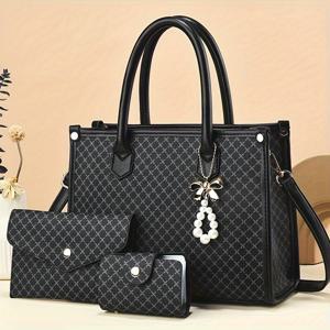 TEMU 3pcs 세트 우아한 핸드백 세트, 큰 용량 토트 백, 어깨 스트랩, 지퍼 클로저, 폴리에스터 안감, 페인트 엣지, 패션 그리드 패턴, 동전 지갑 및 카드 홀더 포함 - 블랙/카키/지구 노란색