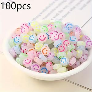 TEMU 100개 빛나는 아크릴 스마일 페이스 비즈 DIY 쥬얼리 만들기에 사용, 행복한 어둠 속에서 빛나는 스페이서 비즈 팔찌, 목걸이, 키체인 장식 용품