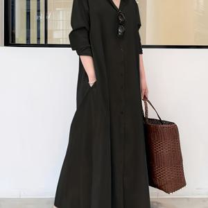 TEMU 1pc 우아한 여성용 긴 소매 폴리에스테르 셔팅 드레스, 라펠 칼라, 단색, 올 시즌, 버튼 디테일, 직조 직조 - 성인용 다용도 긴 드레스