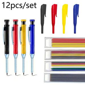 TEMU 12개 멀티 컬러 목공 연필 세트, 다양한 장면용 클립이 있는 2.8mm 금속 마킹 펜, 작업자용 연필깎이 포함, 연필심, 펜 클립