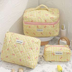 TEMU 3pcs 세트 다중 사이즈 노란색 체크 무늬 리본 대용량 여행 메이크업 가방, 다기능 화장품 정리함, 여성용 소형 화장품 가방, 오픈 탑 화장품 가방, 화장품, 충전기, 여성, 학생을 위한 선물에 적합