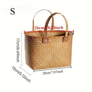 TEMU 1pc 우아한 프랑스 농촌 스타일의 짠 라탄 토트 백, 인조 가죽 핸들 - 우산, 티슈, 음료, 옷을 위한 다용도 보관 바구니 - 어머니의 날, 여름, 아버지의 날, 생일을 위한 이상적인 선물, 선반 바구니|농촌 분위기|강건한 구조, 라탄 바구니, 선반 바구니