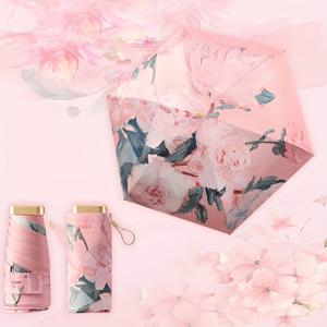 TEMU 스타일리시 오일 페인팅 플로럴 여름 우산 - 6개의 유리 섬유 리브, 수동 개폐식, 여성용 경량 핑크 피치 블루 디자인의 컴팩트 휴대용 여행 우산, 캐주얼 패션 액세서리
