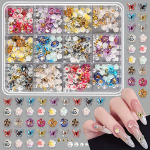 TEMU 인터넷에서 유명한 여름 오로라 아이스 투명 네일 아트 DIY 키트 - 조개꽃, 동백, 나비 - 혼합 화이트 & 골드 작은 비즈, 손으로 만드는 네일 장식용 액세서리