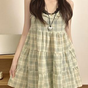 TEMU 여성용 캐주얼 스위트 러플리스 드레스 - 그린 & 화이트 그리드 패턴, A라인 플레어드 헴, 가벼운 봄 여름 스파게티 스트랩 반소매 원피스, 일상 패션, 비투명 소재|나시원피스|인견원피스|민소매원피스