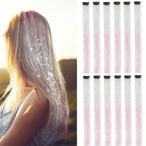 TEMU 12개 융이 클립인 틴셀 헤어 익스텐션, 반짝이는 메탈릭 BB 클립 헤어피스, 내열성 글리터 요정 반짝이, 20인치, 파티, 코스프레, 축제 행사, 여성 패션 헤어 액세서리
