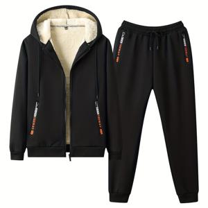 TEMU 클래식 남성 운동용 2pcs 플리스 안감 트랙스ूट 세트 캐주얼 풀-지퍼 스웨트스ूट 긴 소매 후디 및 조깅 팬츠 세트, 체육관 운동, 러닝, 두꺼운