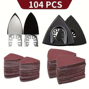 TEMU 104피스 오실레이팅 툴 샌딩 패드 키트 (삼각형 2개, 핑거 샌딩 패드 2개) + 100매 멀티툴 사포지 (60/80/120/180/240 그릿), Fein, Porter Cable, Black & Decker, Craftsman, Ridgid, Ryobi, Makita, Milwaukee 호환