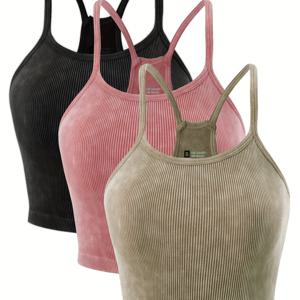 TEMU 3pcs 여성용 워시드 시멀리스 리브드 레이서백 크롭 탑 - 고신축 슬림핏 비대칭 밑단 디테일, 부드러운 파스텔 컬러 (블랙/핑크/베이지) - 캐주얼에서 드레시까지 다재다능한 상의, 편안한 착용감
