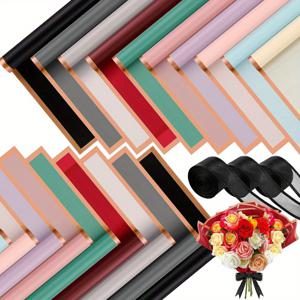 TEMU 60pcs 골든 보더 로즈 한국 스타일 꽃 포장지 - 10 혼합 색상, 반투명 선물 포장, бук렛 용품 및 축제 장식, бук렛 액세서리, 한국 영감 디자인, 고품질 프린트
