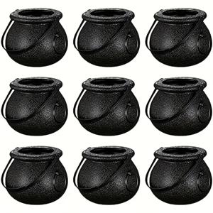 TEMU 9pcs 할로윈 ведь부의 냄비 파티 선물 - 검은 플라스틱 미니 냄비와 뚜껑, 음식 접촉 없음 장식용 그릇, 할로윈 장식, ведь부 모자 선반 및 무서운 파티 용품, 할로윈 장식