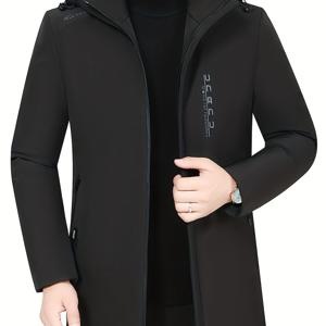 TEMU 남성용 미드-길이 후드 겨울 재킷 - 캐주얼 블랙 폴리에스터 코트, 이중 내부 포켓, 리브드 커프스 및 지퍼 클로저로 따뜻함과 스타일을 제공하는 캐주얼 추위 방지 의류 | 세련된 겨울 액세서리 | 리브드 커프 디자인