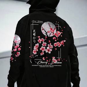 TEMU 남성용 벚꽃 그래픽 후드티 - 포켓이 있는 편안한 플리스 안감 캐주얼 풀오버, 루즈핏, 긴팔, 녹색