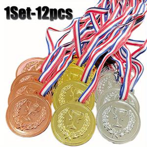 TEMU 1 세트 - 12pcs 우승자의 메달 세트, 트리 컬러 리본, 골든, 실버, 브론즈 트로피 - 스포츠, 대회, 축하 및 파티 선물에 이상적, 폴리프로필렌 소재, 파티 트로피 메달 | 우아한 트로피 디자인 | 내구성 있는 폴리프로필렌, 모든 사람에게 트로피 메달