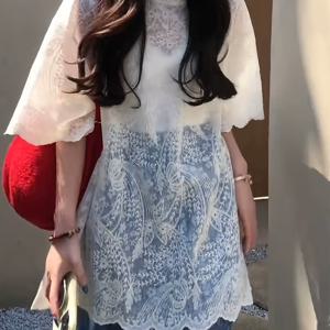 TEMU 한국 동대문 여름 2023년 인쇄된 숨겨진 디자인 레이스 반투명, 시원하고 통기성이 좋은 태양 보호 루즈한 반팔 티셔츠 상의 909