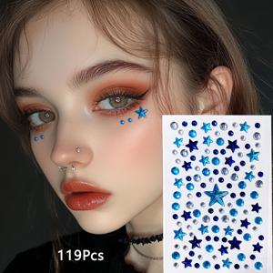 TEMU 119pcs Y2K 펑크 스타일 블루 스타 스티커 스티커 - 입술, 귀, 코 및 눈에 재사용 가능한 아크릴 타투 | 글리터링한 스타 및 비즈 디자인 | 할로윈, 생일, 클럽 및 레이브 파티, 파티 액세서리 | 글리터링한 스타 디자인 | 내구성 있는 메이크업, Y2k 패션