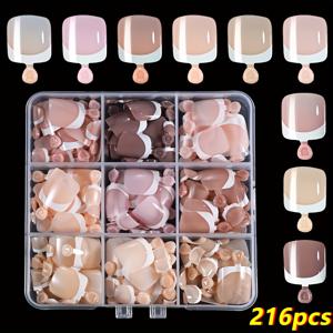 TEMU 216pcs 프랑스 짧은 사각형 발톱 팁, 흰색 팁이 있는 풀 커버 거품 효과가 있는 단색 발톱, 여성을 위한 여름 프레스 온 발톱, 발톱 연장|네일팁