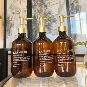 TEMU 대용량 500ml 세트 – 브라운, 프린팅 텍스트, 샴푸, 컨디셔너, 바디워시, 경사진 어깨 디자인, 호텔 및 가정 욕실에 적합