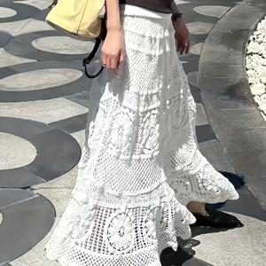 TEMU 마리·코코 여성용 우아한 화이트 레이스 A라인 스커트 - 봄, 여름, 가을용 통기성 루즈핏 롱 스커트, 세탁기 사용 가능 솔리드 컬러 캐주얼부터 포멀까지, 귀여운 데일리 웨어, 자연에서 영감받은 패션, 정교한 제작