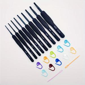 TEMU 9pcs 블루 스테인리스 소프트 핸들 크로셰 훅 세트, 뜨개질 및 초보자용 인체공학적 튀니지안 크로셰 훅