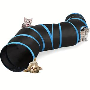 TEMU 1pc 접이식 S자 모양 고양이 터널 장난감 - 고양이, 고양이 및 토끼를 위한 확장 가능한 인터랙티브 , 파란색과 검은 줄무늬 디자인의 내구성 있는 폴리에스테르, 실내/실외 놀이, 고양이 터널 장난감, 재미있는 애완 동물 디자인, 유연한 애완 동물 액세서리