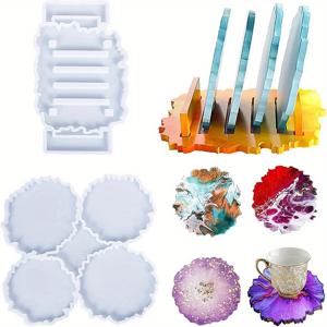 TEMU 코스터 수지 몰드 세트, 업그레이드 된 2pcs 코스터 스탠드가있는 에폭시 몰드 홀더 키트 DIY 공예 용 실리콘 몰드 컵 매트 수지 주조 몰드 홈 데코레이션 코스터 만들기 도구