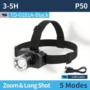 TEMU 미소 짓는 상어 LED 헤드램프 - USB-C 충전식, 줌 가능 렌즈, 5가지 조명 모드, 60° 회전, 편안한 조절 가능한 헤드밴드, 캠핑, 하이킹 및 비상 상황용 초밝은 휴대용 헤드라이트