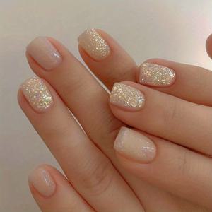 TEMU 24pcs 짧은 사각형 솔리드 컬러 핑크 글리터 오로라 네일 아트 소프트 여름 쿨 프레스온 인조 손톱, 탈착 가능한 스트립 & 젤리 접착제 포함