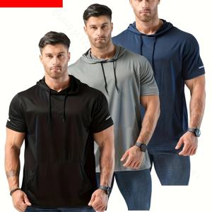 TEMU 3pcs 남성 캐주얼 후드 스웨트셔츠 - 통기성 폴리에스터, 정상 핏, 반팔, 단색과 대비 그래픽 프린트 - 봄/여름/가을에 적합, 필수 후드