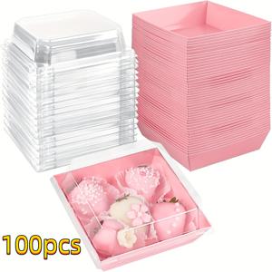 TEMU 50개/100개 투명 뚜껑 사각형 디저트 용기, 딸기, 쿠키, 케이크 슬라이스, 브라우니 및 시나몬 롤용 핑크 박스 - 베이킹 용품 및 정리용으로 안전한 뚜껑이 있는 내구성 있는 플라스틱 주방 액세서리, 베이킹 용품 정리 | 투명 뚜껑 용기 | 안전한 뚜껑 디자인, 베이킹 용품 정리함